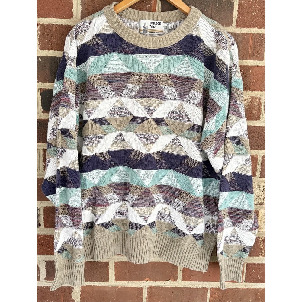 Vintage‎ London Fog Sweater Mens Medium Multicolor Geometric Pullover USA 90s